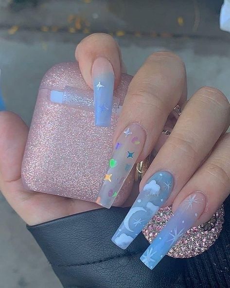 Baby Blue Acrylic Nails, Sky Blue Nails, Star Nail Designs, Disney Acrylic Nails, Clear Acrylic Nails, Baby Blue Nails, Retro Nails, Sky Nails, Moon Nails