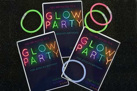 21 Clever Glow In The Dark Party Ideas Your Kids Would Love Glow Party Invitations, Neon Sweet 16, Party Invitation Ideas, Glow Party Decorations, Glow Stick Party, Neon Birthday Party, Glow In The Dark Party, Diy Glow, Shopkins Party