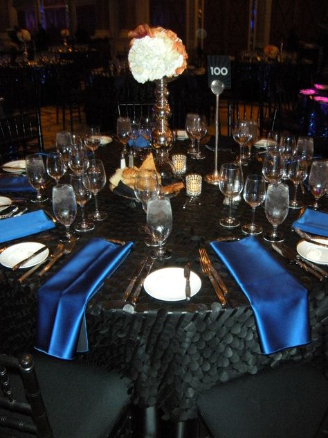 black and royal blue wedding table setting | table settings, royal blue sequin tablecloth, and little black ... Black Table Cloth, White Wedding Table Setting, Black Wedding Table, Royal Blue Wedding Theme, Blue Table Settings, Black Party Decorations, Black Wedding Decorations, Blue Wedding Decorations, Blue Party Decorations