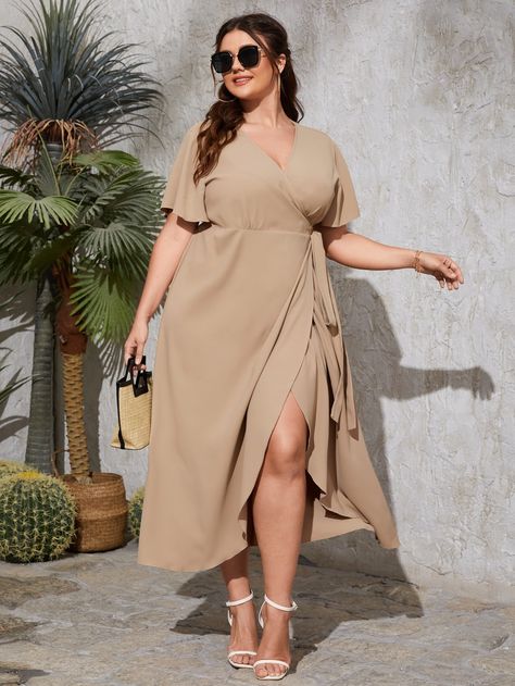 Khaki Casual Collar Short Sleeve Fabric Plain A Line Embellished Non-Stretch  Plus Size Dresses Plus Size Wedding Guest Outfits, Preppy Prom, Trendy Business Casual, Business Formal Dress, Coachella Dress, Formal Dresses Gowns, Professional Dresses, Elegantes Outfit, Plus Size Wedding