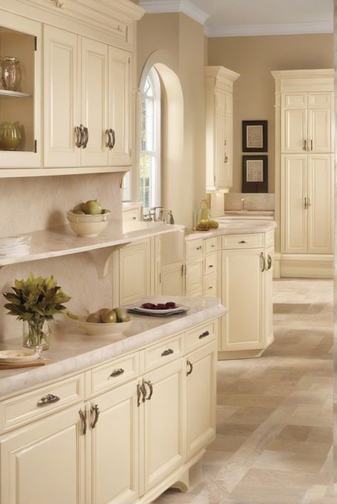 1. Kitchen design 
2. Cream cabinets 
3. Timeless sophistication 
4. Color matching Beige Kitchen Paint, Cream Kitchen Walls, Cream Kitchen Units, Kitchen Cabinets Beige, Kitchen Ideas Beige, Ivory Kitchen Cabinets, Beige Kitchen Decor, Beige Kitchen Ideas, Cream Colored Kitchen Cabinets