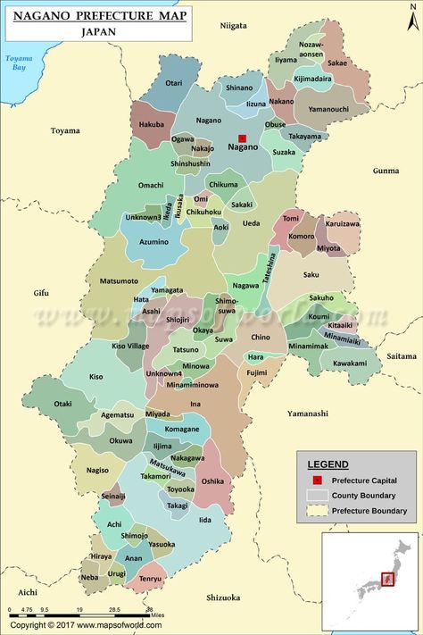 Map of Nagano prefecture, Japan shows all the counties along with county boundaries and prefecture boundaries with their capital city. Map Of Japan, Japan 2023, Japan Map, All About Japan, Nagano, Capital City, Boundaries, World Map, Map