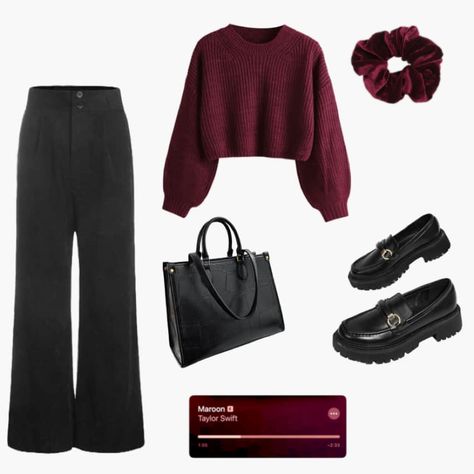 Maroon Fashion Aesthetic, Ootd Merah Maroon, Maroon Casual Outfit, Maroon Outfit Aesthetic, Maroon Aesthetic Outfit, Maroon Hijab Outfit, Maroon Outfit Ideas, Ootd Crewneck, Maroon Outfits