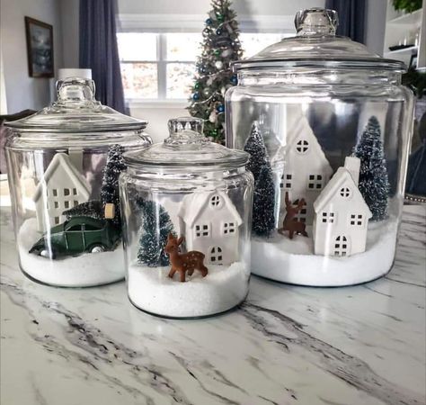 Christmas Scene In Glass Jars, Christmas Cookie Jars Decoration, Christmas Jar Decor, Snowglobe Centerpiece, Christmas Terrariums, Christmas Jars Decorations, Snowglobe Craft, History Of Christmas, Christmas Centerpieces Cheap