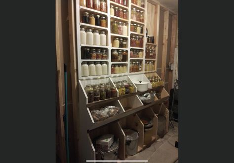 Canning Food Storage, Canning Room Ideas Small Spaces, Food Storage Cellar, Canning Display Ideas, Homestead Canning Pantry, Root Cellar Organization, Canning Kitchen Shed, Storage For Canned Goods Mason Jars, Storage Without Pantry