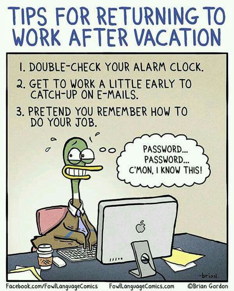 Tips for returning to work after vacation. Back To Work Quotes After Vacation, Back To Work Humour, Back To Work Quotes, Work After Vacation, Back To Work After Vacation, Leaving Work On Friday, Fowl Language Comics, Vacation Meme, Workplace Humor