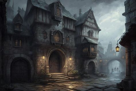 Guild Hall Concept Art, Fantasy Town Hall, Dnd Pictures, Grim Hollow, Vampire Kingdom, Dnd Locations, Eerie Places, Small Hall, Fantasy Town