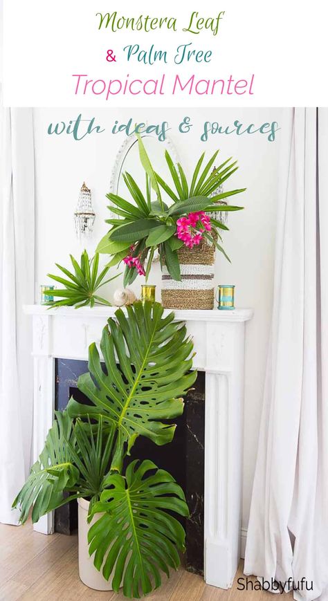 Monstera leaf decor is everywhere these days and it's great for summer! With just a few leaves, (real or faux) create a tropical mantel from this inspiring post. #mantel #summermantel #tropicaldecor #summerdecoratingideas Tropical Mantle Decor, Monstera Leaf Decor, Coastal Styling, Springtime Decor, Tropical Artwork, Summer Mantel, Tropical Interiors, Tropical Interior Design, Tropical Lifestyle