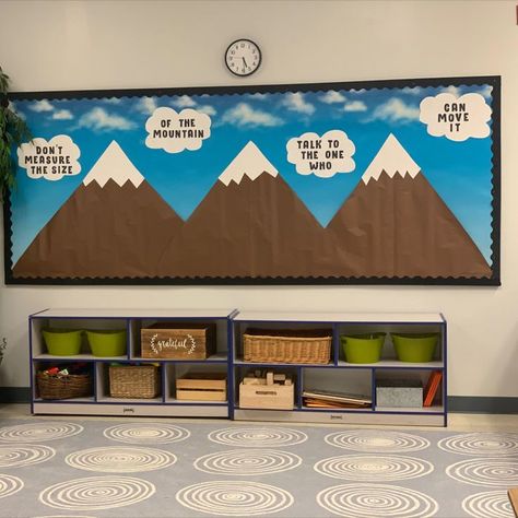 Mountain Bulletin Board, God Can Move Mountains, Construction Theme Classroom, First Grade Themes, Sunday School Classroom Decor, Up Bulletin Board, School Wide Themes, Classroom Aesthetic, Travel Theme Classroom