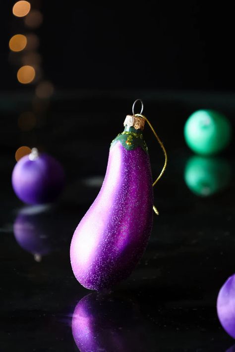 Christmas tree decoration of a glittery aubergine, with a gold thread. Egg Christmas, Rockett St George, Quirky Decor, Hanging Christmas Tree, Charity Work, Colour Pop, Christmas Bauble, Instagram Tags, Christmas Tree Decoration