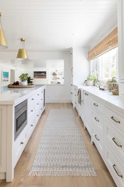 Oversized Square Coffee Table, Mindy Gayer Design, Coastal Kitchen Design, Upholstered Dining Bench, White Sectional, Long Kitchen, Woven Wood Shades, Rug Runner Kitchen, Kitchen Runner Rug