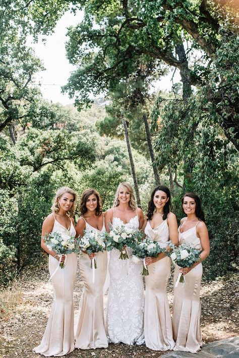 Green White Gold Wedding Bridesmaid Dresses, White And Green Foliage Bouquet, Sage White Champagne Wedding, Green Gold And Champagne Wedding, Wedding Bouquet Champagne Dress, Eucalyptus And Champagne Wedding, Green And White Wedding Bridesmaids, Bouquets With Champagne Dress, Champagne And Greenery Wedding Theme