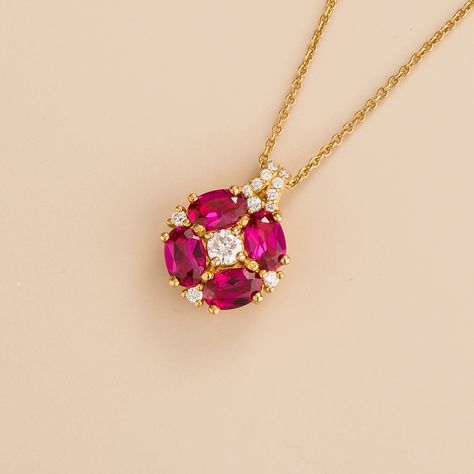 Pristi pendant necklace in 18K gold vermeil set with Diamond and Ruby gemstones. Diamond: ~0. 26 carats Ruby: ~2. 4 carats Pendant dimensions: 16. 4mm height x 12. 6mm width x 6. 7mm depth Length: adjustable 16-18 inches chain. Additional sizes available. Options available in 9K, 14K and 18K gold, please contact Juvetti. See matching Pristi earrings Our precious jewellery is designed to preserve its original brilliance over time. There are a few precautions to make sure to keep your jewellery in Ruby Diamond Necklace, Ruby Diamond Pendant, Gold Necklace Diamond, Gold Goddess, Diana Ring, Ruby Necklace Pendant, Bengali Bride, Stitch Flowers, Ruby Pendant