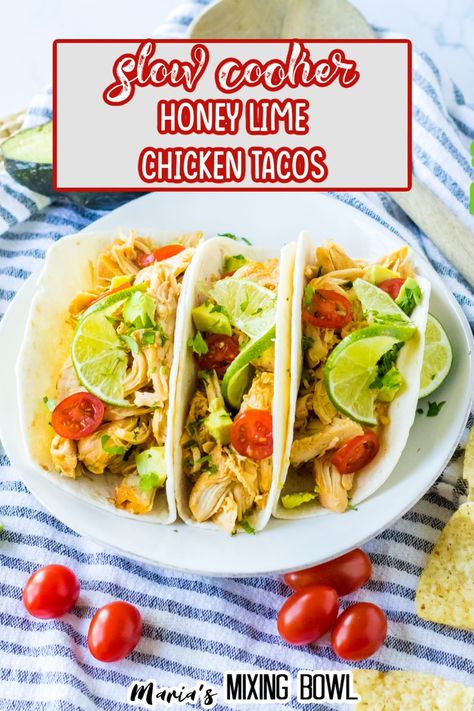 Slow cooker honey lime chicken tacos are loaded with tender chicken, honey, lime, and fajita seasoning for a tropical twist on the classic. Lemon Chicken Tacos, Honey Lime Chicken Tacos, Easy Summer Meal Ideas, Chicken Breast Recipes Boneless, Chicken Recipes For Family, Chicken Breast Ideas, Chicken Breast Healthy, Grill Chicken Breast, Ideas For Dinner Easy