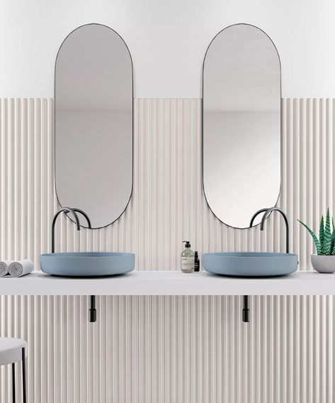 Blue bathroom ideas: 15 ways use this serene color scheme | Homes & Gardens | Bathroom Vanity Ideas, Striped Tile, Luxury Tile, Marble Tile Floor, Vanity Area, Vanity Ideas, Feature Tiles, Engineered Flooring, Wood Look Tile