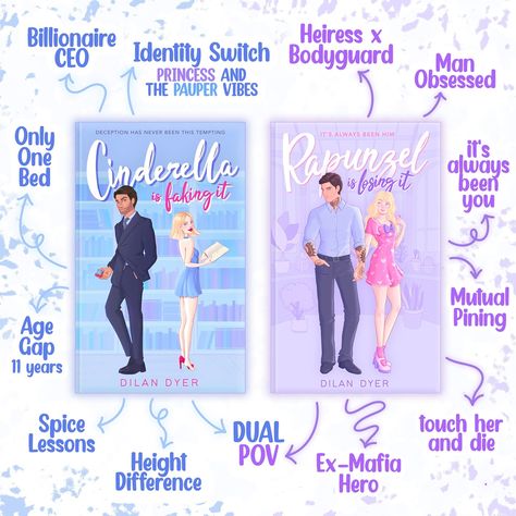 💙💜 Overview of the Tropes in Books 1&2 of the Princess Crossover series 💜💙 I just realized that I never put up a post with Cinderella and Rapunzel side-by-side, even though it would be so useful to just point to a graphic like this and be like “this is what you can find in my books” 🙃 So… here it is. This is what you can find in my books. The first book is Cinderella Is Faking It by Dilan Dyer. It’s an age gap billionaire romance novel with Princess and the Pauper vibes. 🦋 The second book... Tropes In Books, Romance Books Series, Age Gap Romance Books, Book Tropes, Romcom Books, Romance Books Worth Reading, Film Recommendations, Action Books, Fiction Books Worth Reading