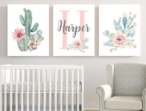 Monogram Nursery, Cactus Nursery, Flower Cactus, Flower Nursery Decor, Floral Nursery Decor, Monogram Art, Nursery Monogram, Nursery Artwork, Set Of 3 Wall Art