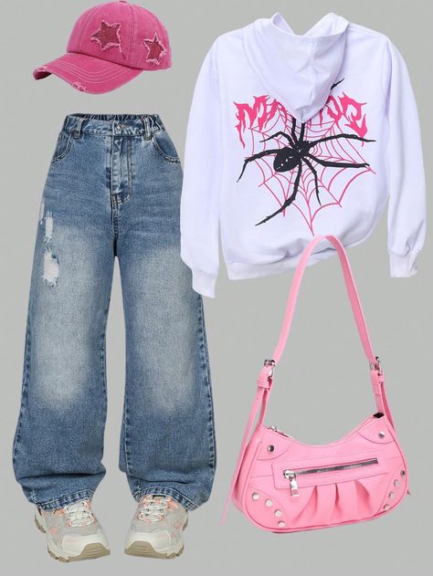 2pcs/Set Tween Girl Casual Spider Print Hooded Sweatshirt And Distressed Jeans Outfit, Back To School Clothes White Casual    Animal,Letter,Plain  Non-Stretch  Tween Girls Clothing, size features are:Bust: ,Length: ,Sleeve Length: Clothes 12-13, Jeans Outfit Back To School, Back School Outfits, Distressed Jeans Outfit, Back To School Clothes, Future Clothes, School Clothes, Outfit Jeans, Cute Preppy Outfits