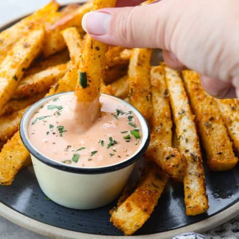 Air Fryer Jicama Fries - The Recipe Critic Air Fryer Jicama, Potato Fries Baked, Jicama Fries, Frozen Sweet Potato Fries, Homemade Fries, French Fries Recipe, The Recipe Critic, Recipe Critic, Vegetarian Breakfast Recipes