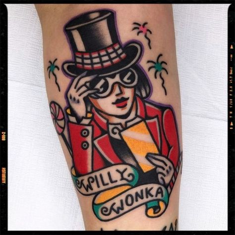 Tattoo Inspiration Wonka Tattoo, Movie Tattoos Traditional, Tim Burton Traditional Tattoo, Willy Wonka Tattoo, Willy Wonka Tattoo Ideas, Pop Culture Traditional Tattoos, Movie Traditional Tattoo, Traditional Tattoo Leg Sleeve, 90s Tattoos