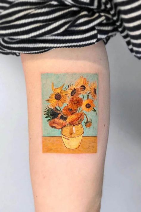 28 Gorgeous Vincent Van Gogh Tattoos with Meaning - Our Mindful Life Sunflower Mandala Tattoo, Tiny Tattoos With Meaning, Van Gogh Tattoo, Tattoo Van, Brush Tattoo, Small Butterfly Tattoo, Small Tattoos Simple, Sunflower Tattoos, Painting Tattoo