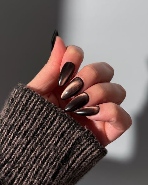 Happy Turkey Day 🦃 so grateful for all of you 🤎 What would you call these glass nails? Cinnamon? Jelly Brown? Let me know below! Products used: @gelcare.official Patent Leather Black, Jelly Brown Bevimee - Silver Cat Eye • use code: THECOLORNOOK to save @nominal #gelcare #lemanoir #gelnails #brownnails #cinnamonglassnails #glassgelnails #glassnails #trendynails #nailartist #gelx #cateyenails cat eye gelx glass nails jelly brown chocolate Brown Jelly Gel Nails, Cat Eye Nails Coffin Shape, Black Gold Cat Eye Nails, Glass Eye Nails, Tigers Eye Nails Design, Copper Cat Eye Nails, Brown Holographic Nails, Bronze Cat Eye Nails, Brown Cat Eye Nails Design