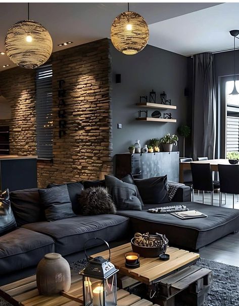 Apartment Inspiration Cozy, Male Living Room, Home Decor Ideas Apartment, Cozy Apartment Living Room, Industrial Living Room Design, Living Room Minimalist, Room Minimalist, Dark Living Rooms, Small Apartment Living Room