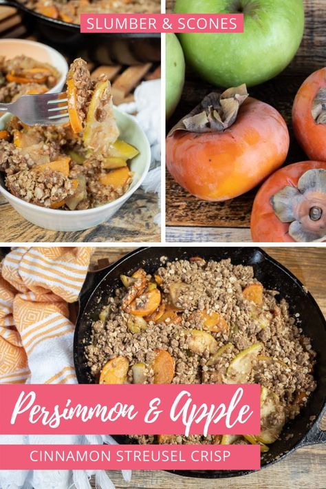 If you are a little skeptical about working with a new fruit, persimmons are for you. This Persimmon Apple Crisp, which features the forgiving fuyu variety paired with crisp, tart apples, is simple and tasty, especially topped with a fragrant cinnamon streusel. Follow this easy step-by-step recipe, for a simple winter fruit bake. #persimmons #applecrisp Persimmon Cobbler, Persimmon Crisp, Persimmon Crumble, Fruit Bake, Cinnamon Streusel Topping, Hard Apple Cider, Cinnamon Streusel, Winter Fruit, Baked Fruit