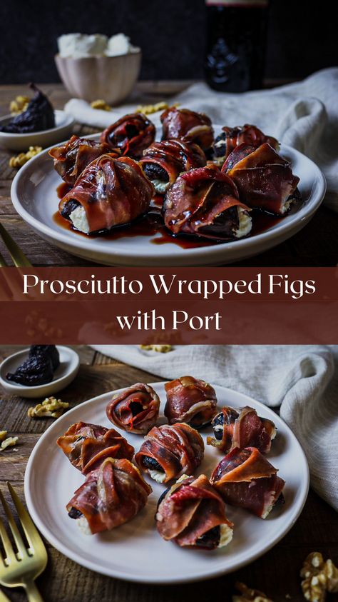 Prosciutto Wrapped Figs are easy to make without sacrificing flavour and can be made ahead of time for your holiday gatherings. Dried figs are poached in Port wine giving them a sweet flavour that pairs well with tangy goat cheese stuffed inside and salty prosciutto wrapped around the figs. Serve with a drizzle of reduced Port wine for a perfectly sweet and salty appetizer. Prosciutto Wrapped Figs With Goat Cheese, Make Ahead Canapes, Prosciutto Wrapped Figs, Fig And Goat Cheese Appetizer, Sweet And Savory Snacks, Luxury Appetizers, Wine Night Food, Figs And Goat Cheese, Fig Appetizer Recipes