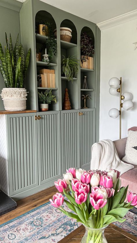 Mel Boyden | Green & Nature Inspired Interiors 🌿’s Instagram post: “ad The final touches to my living room IKEA hack cabinets, these beautiful Kilburn Furniture Antique Brass knobs from…” Cabinets For Living Room Interiors, Boho Green Cabinet, Painted Cabinet Living Room, Bookshelve Ideas Living Room, Green Living Room Cabinets, Open Cabinet Living Room, Sage Green Built Ins Living Room, Green Brass Living Room, Lounge Cabinet Ideas