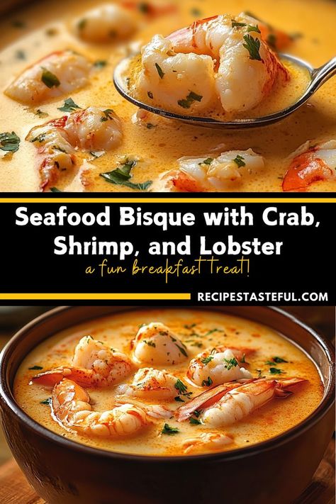 This Seafood Bisque is a rich and luxurious blend of succulent crab, shrimp, and lobster, all immersed in a creamy, flavorful broth. Infused with aromatic spices and herbs, it’s perfect for special occasions or cozy dinners at home. Serve it warm with crusty bread for a truly satisfying meal. Pureed Shrimp Recipes, Shrimp And Seafood Bisque, Lobster Broth Recipes, Lobster Shrimp Bisque, Lobster Crab Bisque, Crab And Shrimp Seafood Bisque Crockpot, Shrimp Mold Cajun, Cooking Seafood Videos, Seafood Bisque With Crab And Shrimp