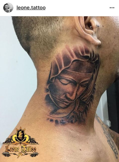 Virgin Mary Neck Tattoo, Jesus Neck Tattoo, Front Neck Tattoo, Full Neck Tattoos, Virgin Mary Tattoo, Archangel Tattoo, Black Men Tattoos, Mary Tattoo, Tattoo Background