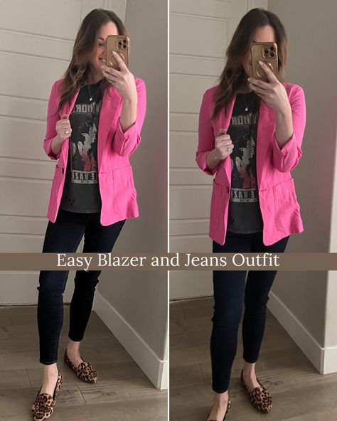 Woman wearing a cute pink blazer and jeans outfit Blazer And Jeans Outfit, Pink Blazer Outfit, Outfits Blazer, Blazer And Jeans, Outfit Blazer, Spring Blazer, Blazer Outfits Casual, Vans Outfit, Blazer Outfits For Women