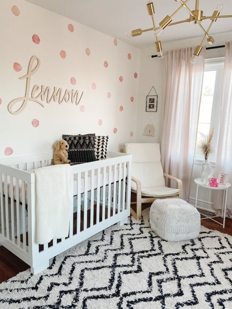 Pink Nurseries, Name Wall Hanging, Polka Dot Nursery, Name Sign For Nursery, Baby Nursery Inspiration, Wood Nursery, Polka Dot Walls, Nursery Name Sign, Nursery Room Design