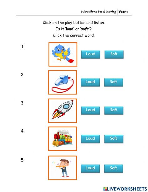 Sense Of Sound Activities, Loud Vs Quiet Sounds Preschool, Say The Sounds Worksheets, Soft And Loud Sounds Worksheets, Sound Worksheets Science Grade 1, Begining Sound Work Sheet, Loud Soft, Science Project Models, Body Parts Preschool Activities