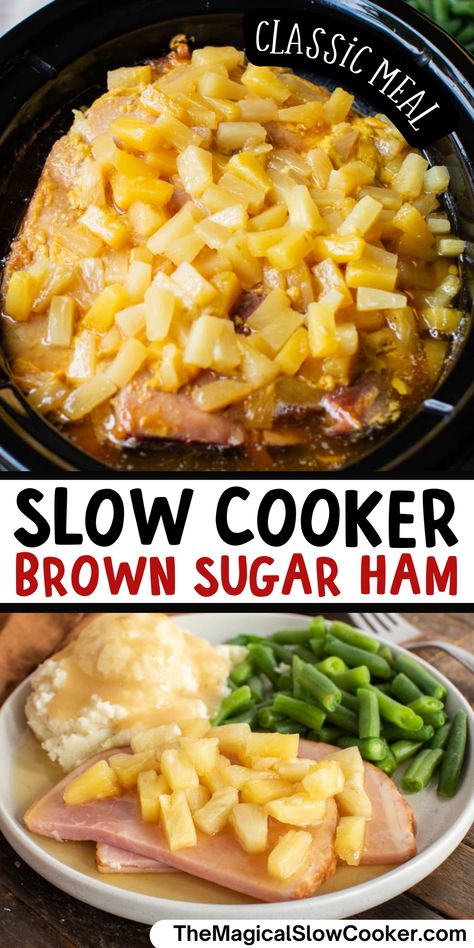 Crockpot Ham is the best way to prepare your ham. I add brown sugar, pineapple, brown sugar and mustard to this holiday ham. #crocpot #crockpotham #slowcooker - The Magical Slow Cooker Ham In Crockpot Recipe Brown Sugar, Crockpot Boneless Ham Recipes Precooked, Whole Boneless Ham In Crockpot, Slow Cooker Ham Recipes Crock Pots, Ham Crockpot Meals, Ham Slices In Crockpot, Crockpot Ham With Pineapple Brown Sugar, Half Ham In Crockpot, Best Way To Cook A Ham