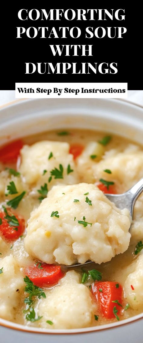 Image for Comforting Potato Soup with Dumplings Potato Dumplings For Soup, Potato Soup With Dumplings, Quick Potato Soup, Soup With Dumplings, Potato Soup Easy, Potato Dumplings, Dumplings For Soup, Cozy Meals, Chicken Legs