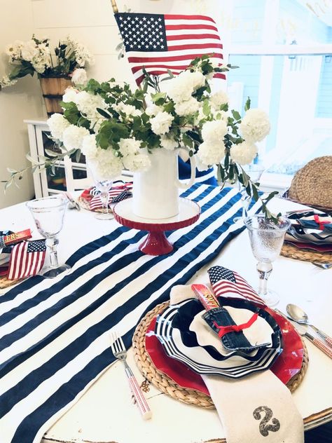 Memorial Day BBQ Decorations Food Ideas - Karins Kottage Blue Decor Ideas, Fourth Of July Bbq, Patriotic Tablescapes, Red White And Blue Decor, Bbq Decorations, Tall White Vase, Memorial Day Bbq, White And Blue Decor, Tiered Serving Stand