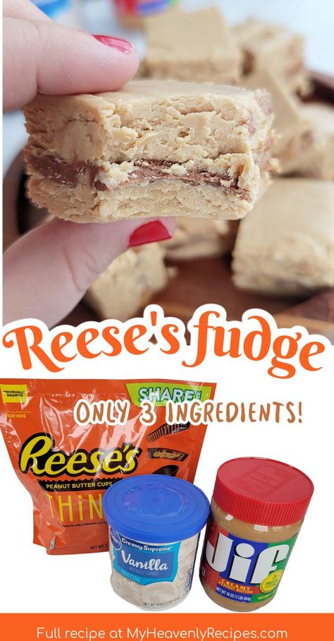 3 Ingredient Reese's Fudge- peanut butter fudge easy recipe. Christmas fudge idea. Cheap way to make fudge. Peanut butter cup fudge. How to make fudge. vanilla frosting and creamy peanut butter fudge. Christmas Fudge Ideas, Frosting Fudge, Peanut Butter Cup Fudge, Creamy Peanut Butter Fudge, Fudge Peanut Butter, Reese's Recipes, How To Make Fudge, Peanut Butter Fudge Recipe, Peanut Butter Fudge Easy