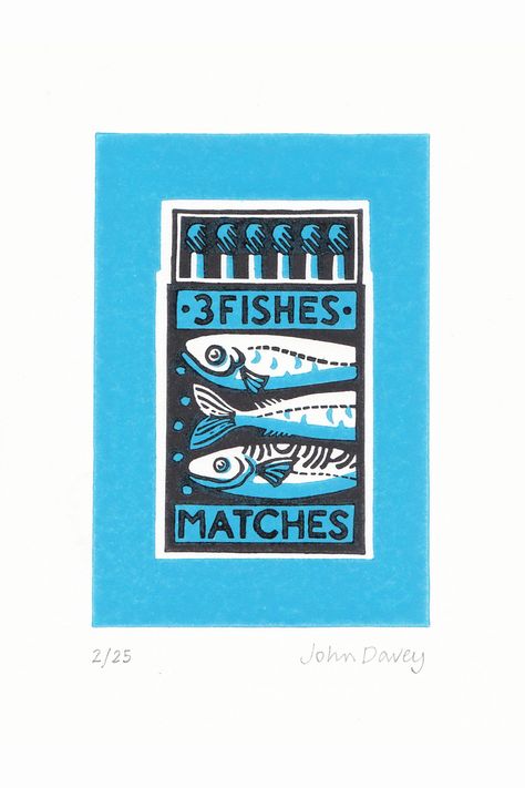 Quirky lino print of three fishes on a matchbox Colour Lino Print, Lino Block, Book Press, Victorian Books, 3 Fish, Lino Cut, Print Book, Lino Print, Linocut Prints