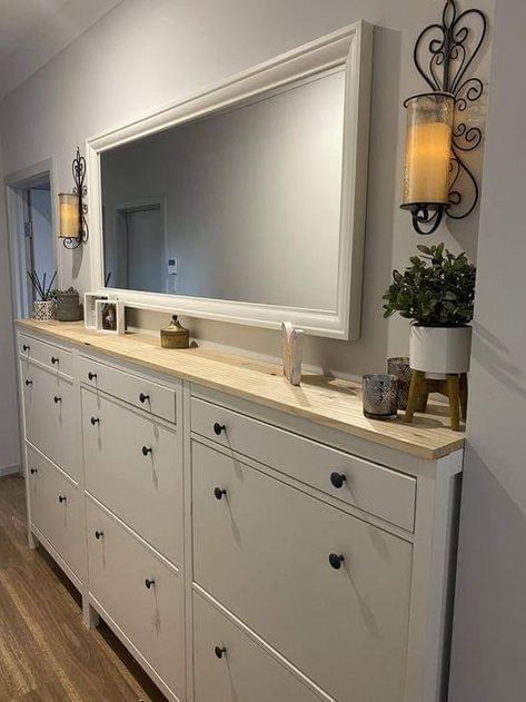 Ikea tips, hacks and more! | Thanks IKEA. 3 Hemnes shoe cabinets with a dressed pine top instead of the individual white ones | Facebook Ikea Shoe Storage, Ikea Hemnes Shoe Cabinet, Hemnes Shoe Cabinet, Ikea Shoe Cabinet, Ikea Shoe, Shoe Cabinets, Adobe House, Ikea Hemnes, Closet Remodel