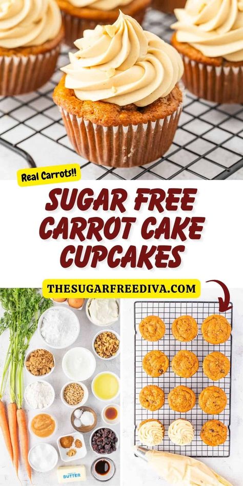 Sugar Free Carrot Cake Cupcakes, a delicious dessert or snack recipe made with grated carrots, spices, yogurt, and no added sugar. Sugar Free Dessert Recipes, Sugar Free Cupcakes, Sugar Free Cake Recipes, Sugar Free Carrot Cake, Sugar Free Muffins, Sugar Free Desserts Easy, Sugar Free Breakfast, Bistro Menu, Sugar Free Baking