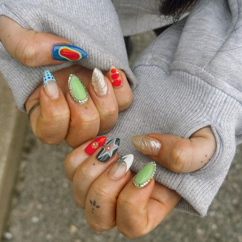 colorful!!!! #springnails #colorfulnails #nailinspo | Instagram Tilly Joan Nails, Funky Nails Summer, Fun Unique Nails, Maxamilist Nails, Mismatch Nail Designs, Eclectic Nails, Mismatched Nail Art, Funky Summer Nails, Mismatched Nails