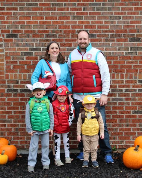 Rider Costume Paw Patrol, Family Of 4 Halloween Costumes Paw Patrol, Adult Rubble Costume Paw Patrol, Paw Patrol Family Costume Diy, Paw Patrol Adult Costume Diy, Diy Rocky Paw Patrol Costume, Paw Patrol Group Costume, Mayor Humdinger Costume, Mayor Goodway Costume