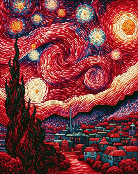 Van Gogh Red Painting, Stary Nights Paintings, Red Starry Night, Pointilism Art, Van Gogh The Starry Night, فنسنت فان جوخ, Famous Art Paintings, Gogh The Starry Night, Starry Night Art