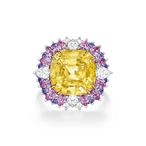 This Winston Candy cocktail ring sparkles with a yellow sapphire, pink sapphires, tanzanites, and diamonds. Satisfy you sweet tooth on the Harry Winston website. Harry Winston Candy Collection, Harry Winston Ring, Harry Winston Jewelry, Ring Sketch, Candy Cocktails, Yellow Sapphire Ring, Engagement Ring Necklace, Candy Collection, Yellow Sapphire Rings