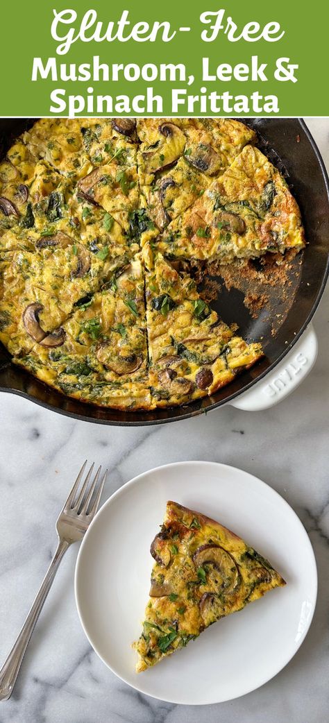 Naturally gluten-free, this meatless main dish is perfect for breakfast, brunch or dinner. And as it tastes delicious warm, room temperature or reheated, it is a terrific make-ahead meal. Step by step how to make a frittata, and while the flavor combinations are endless, sharing our favorite of the moment: a Mushroom, Leek & Spinach Frittata. Spinach Mushroom Frittata, Leek Frittata, Mushroom Leek, Mushroom Frittata, Spinach Frittata, Vegetable Frittata, Gluten Free Main Dishes, Flavor Combinations, Meatless Main Dishes