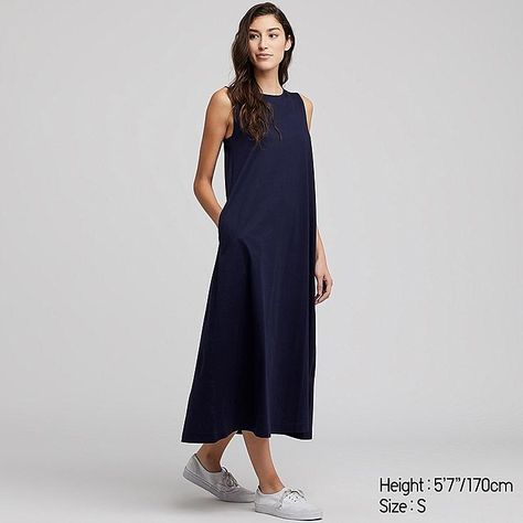 WOMEN MERCERISED COTTON A-LINE SLEEVELESS MAXI DRESS Simple Flare Dress, Weekend Dresses, Plain Dress, Sleeveless Long Dress, Abaya Fashion, Sleeveless Maxi Dress, Uniqlo, Womens Maxi Dresses, Flare Dress