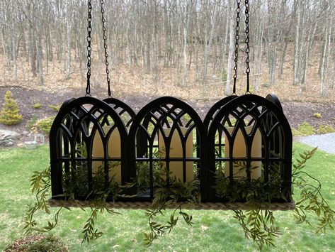 Diy Solar Light Chandelier Outdoor, Gothic Dollar Tree Diy, Dollar Tree Garden Fence Crafts, Wall Arch Decor, Crafty Decorator, Tree Arch, Arch Windows, Chandelier Centerpiece, Solar Chandelier