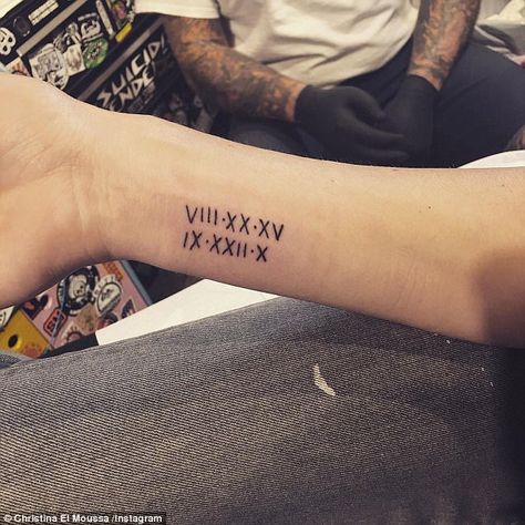 New tat: Christina El Moussa, 33, showed off a tattoo of her two children's birth dates that she had inked onto her right forearm Thursday Kids Birthday Tattoo, Christina El Moussa, Parent Tattoos, Roman Numeral Tattoos, Birthday Tattoo, Date Tattoos, Flip Or Flop, Mother Tattoos, Tattoo Feminina